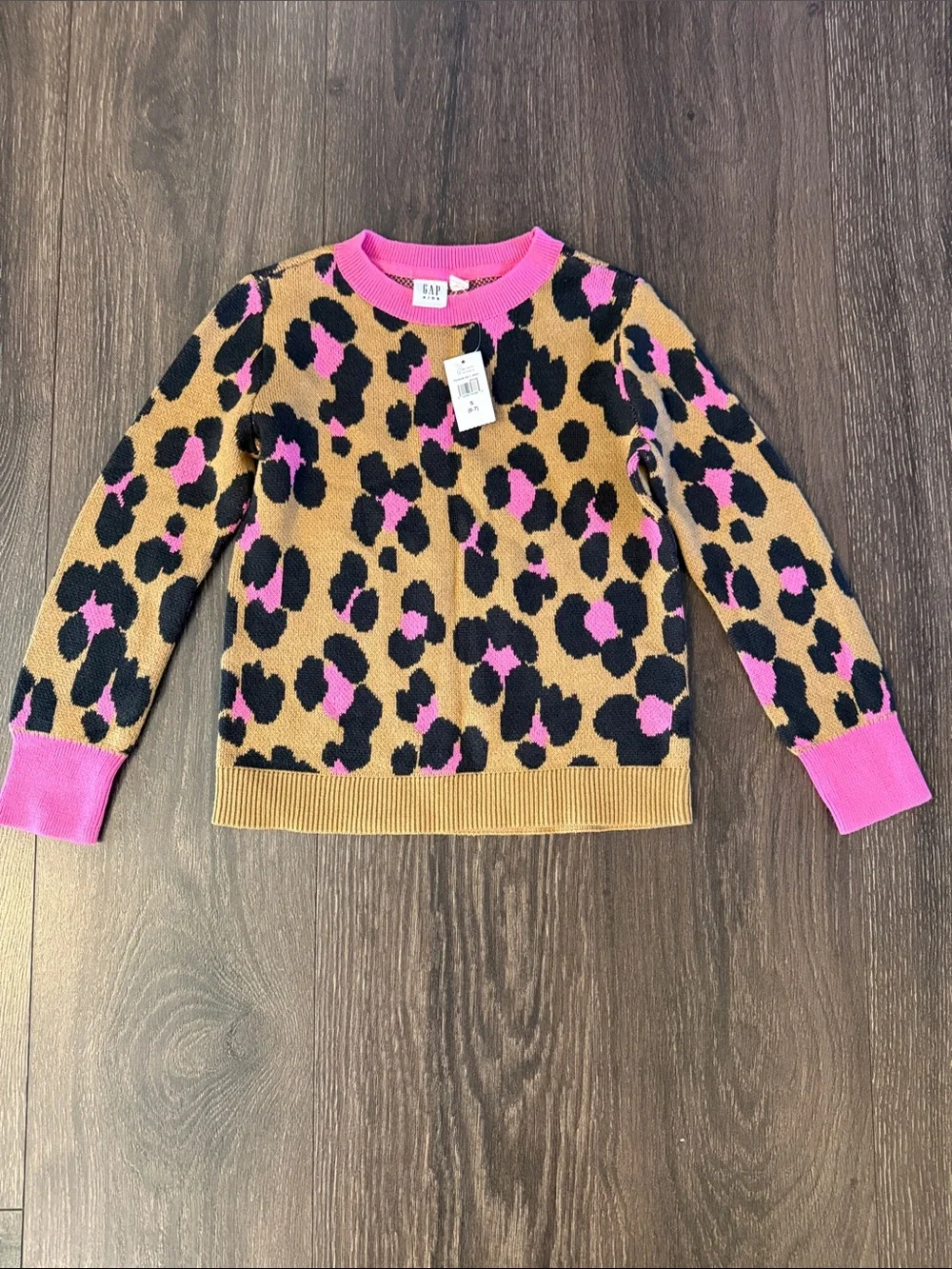 GAP Kids Leopard Print Sweater in Tan, Black & Pink, Size Small 6-7